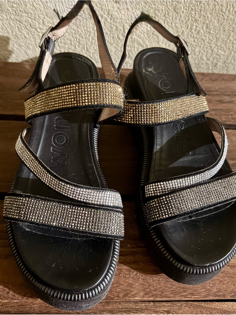 Black Strappy Women's Sandals with Gold & Silver Rhinestones